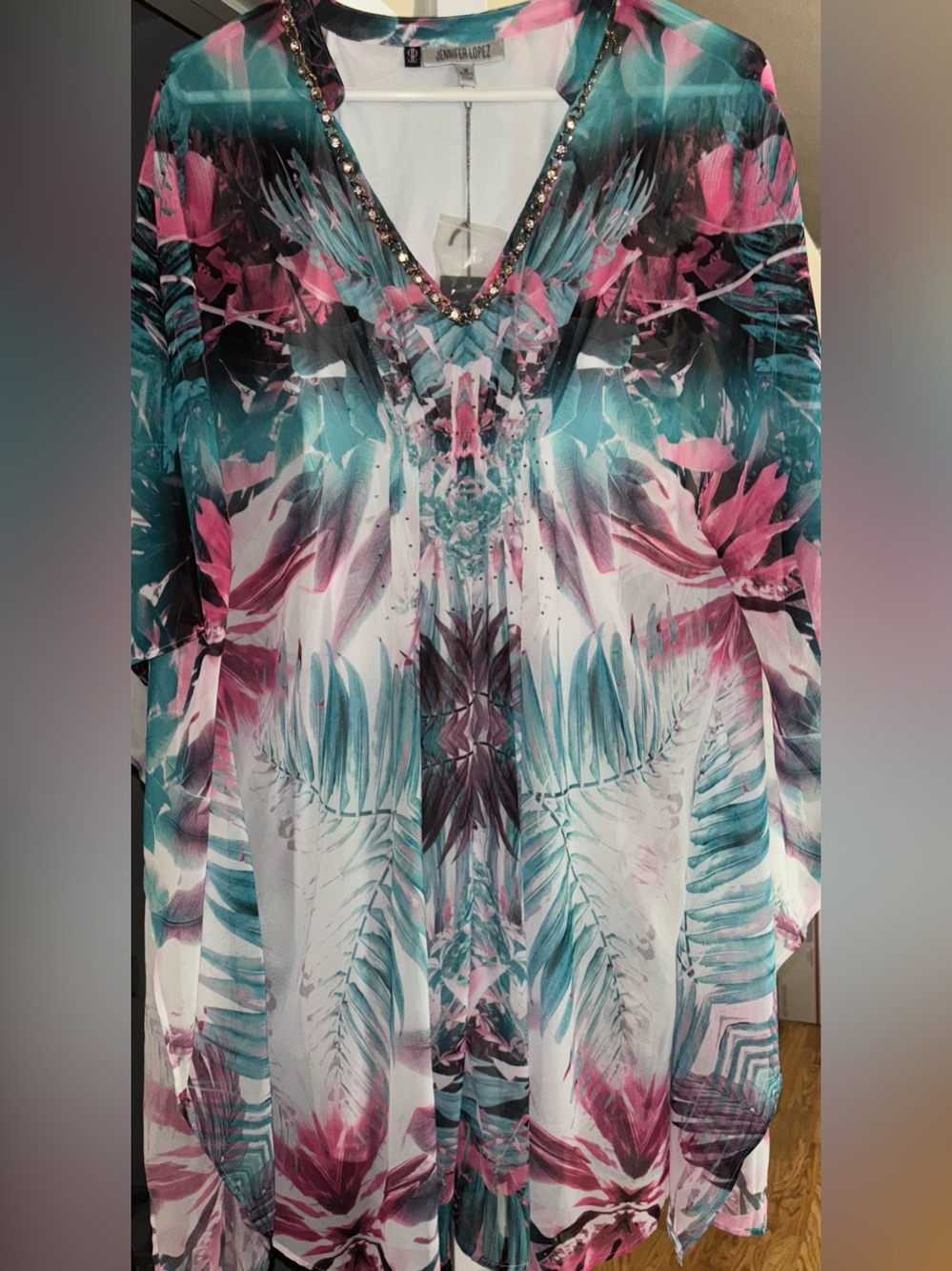 Jennifer Lopez Tropical Kaftan Kimono Dress Women’s Size Medium Bling Chain New